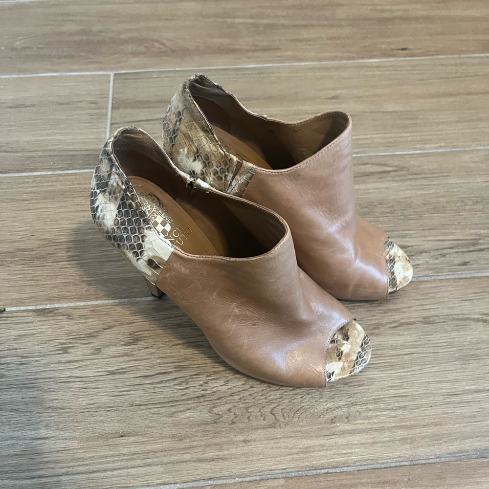 Vince Camuto Brown Tan Heeled Boots with Artistic Animal print accents